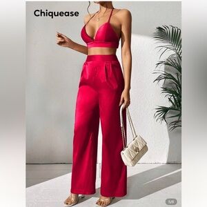 SHEIN Vibrant Red Backless Halter Top & Wide Leg Pant Set